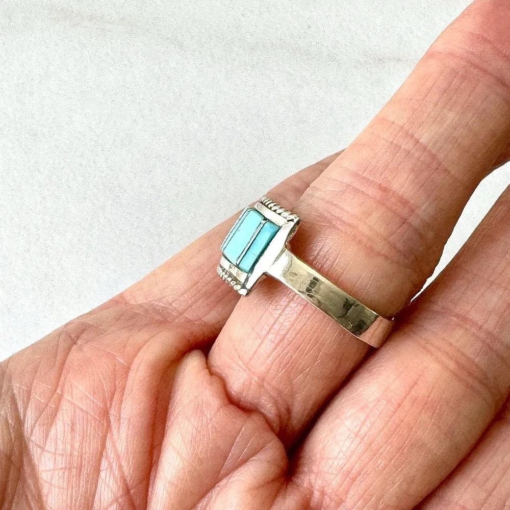Mens Navajo Wedding Band 12 Ring Turquoise 12mm Inlay Signed Panteah Native Amer